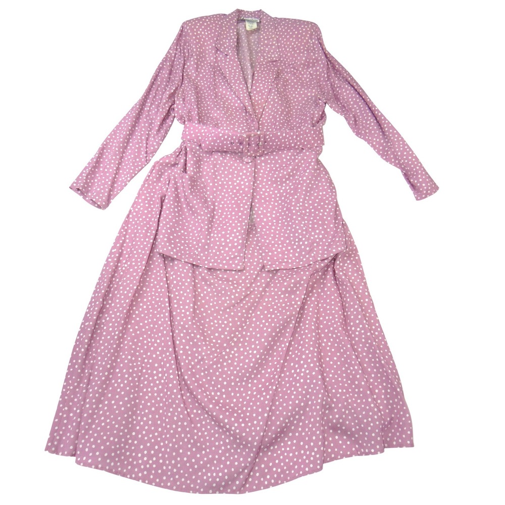 Vintage Connections Mauve Polka Dot Skirt Suit Set Blazer Skirt Belt Large 16/18